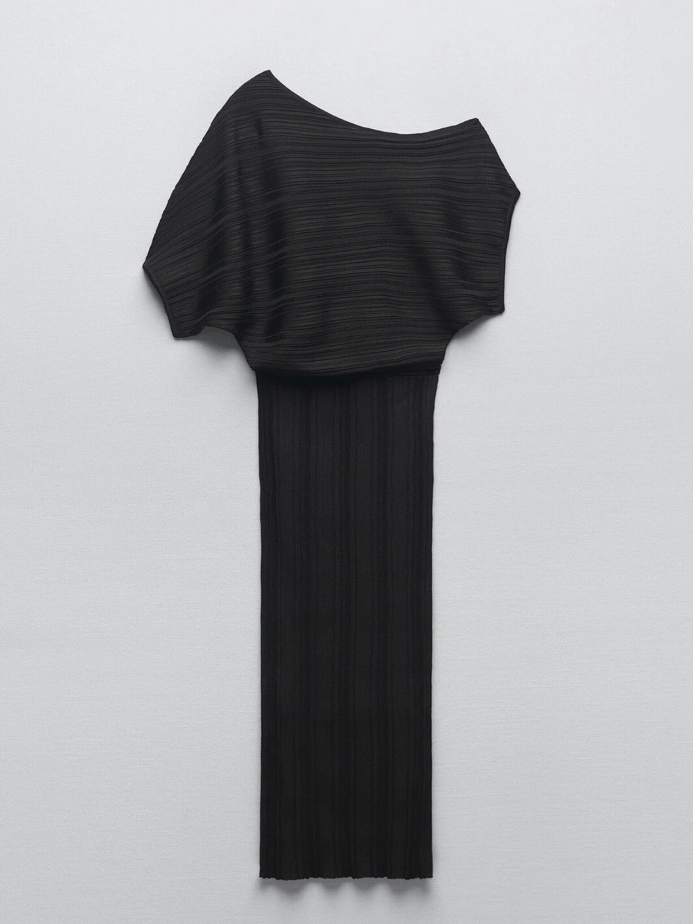 Zara One-Shoulder Black Ribbed Midi Dress